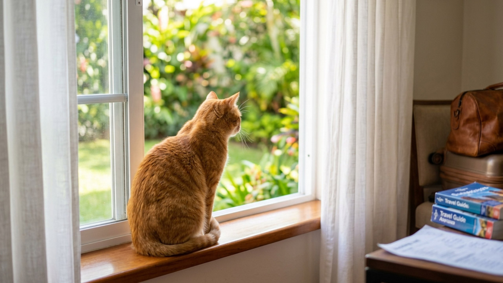 Gato solo en casa mirando por la ventana mientras sus dueños se van de vacaciones
