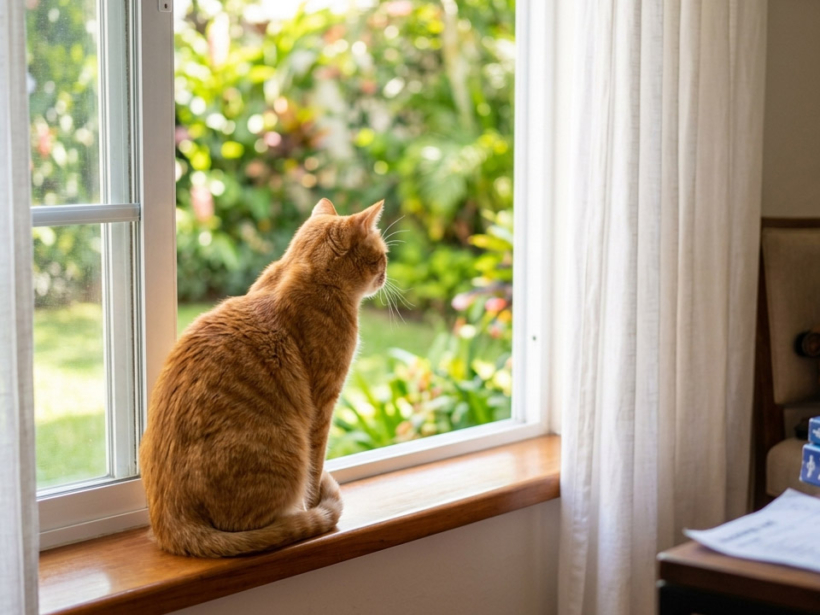 Gato solo en casa mirando por la ventana mientras sus dueños se van de vacaciones