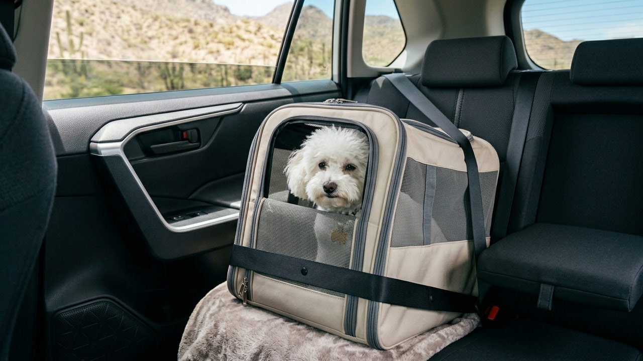 Transportín para perros sujeto con cinturón en asiento trasero