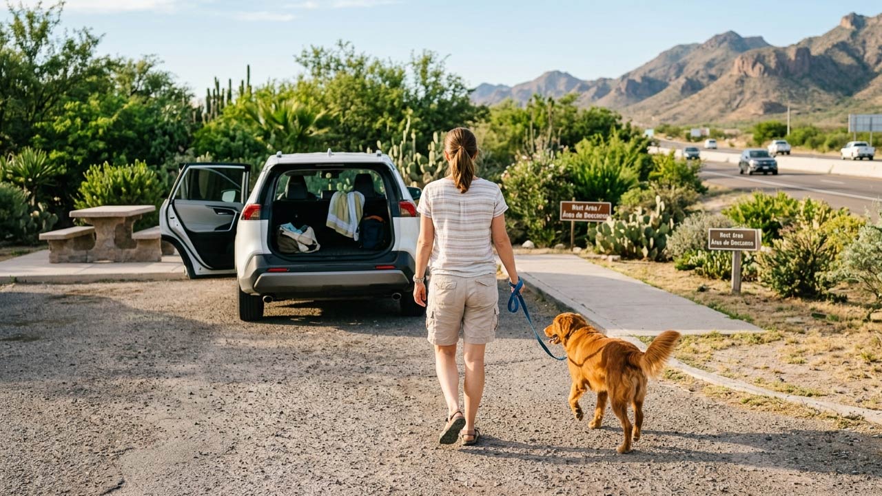 Perro paseando en parada durante viaje en coche carretera México