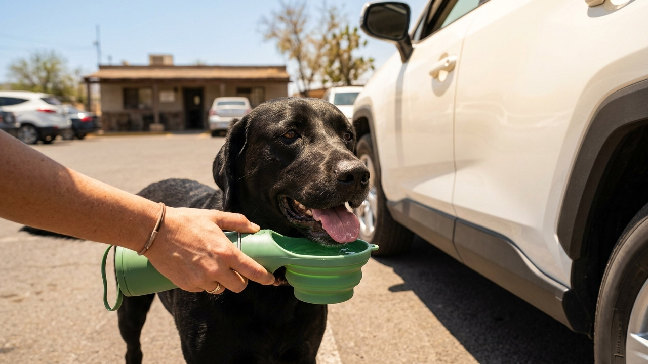 Bebedero portátil para perro en viaje en coche verano