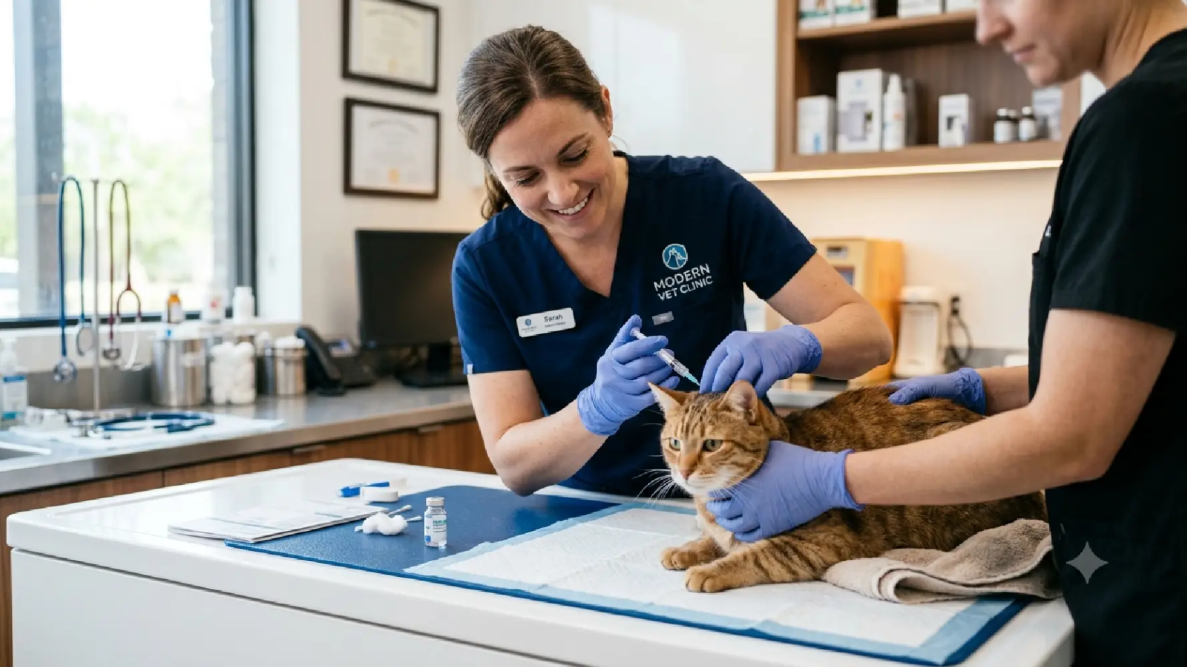 Vacunas para gatos aplicadas por veterinaria en clínica moderna