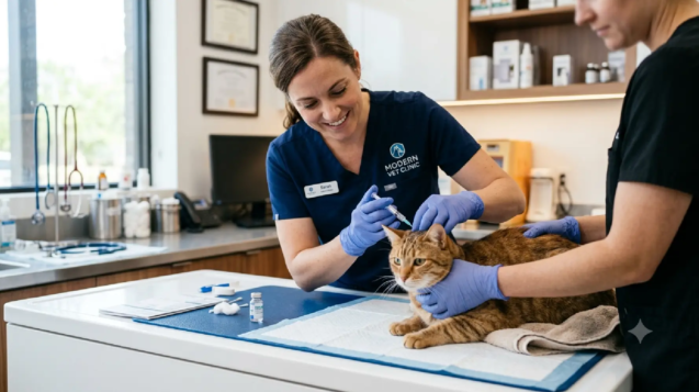 Vacunas para gatos aplicadas por veterinaria en clínica moderna