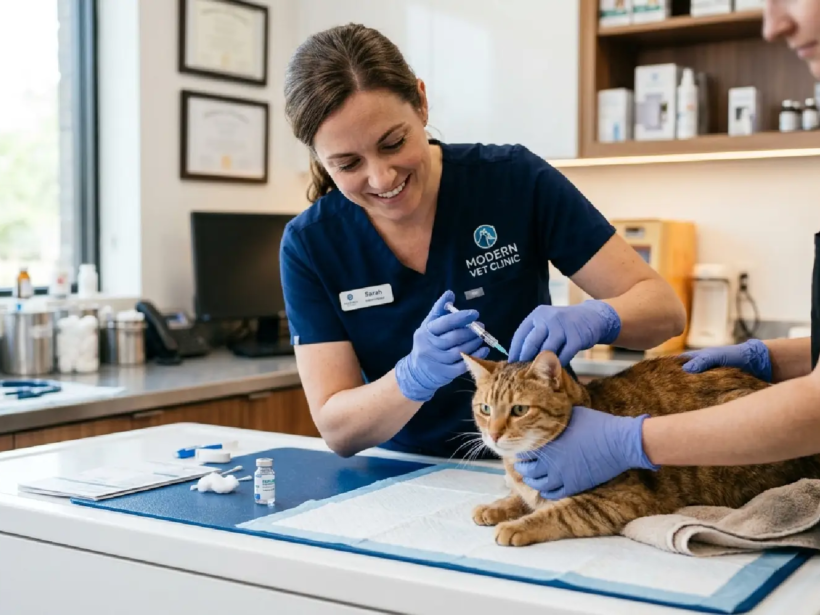 Vacunas para gatos aplicadas por veterinaria en clínica moderna