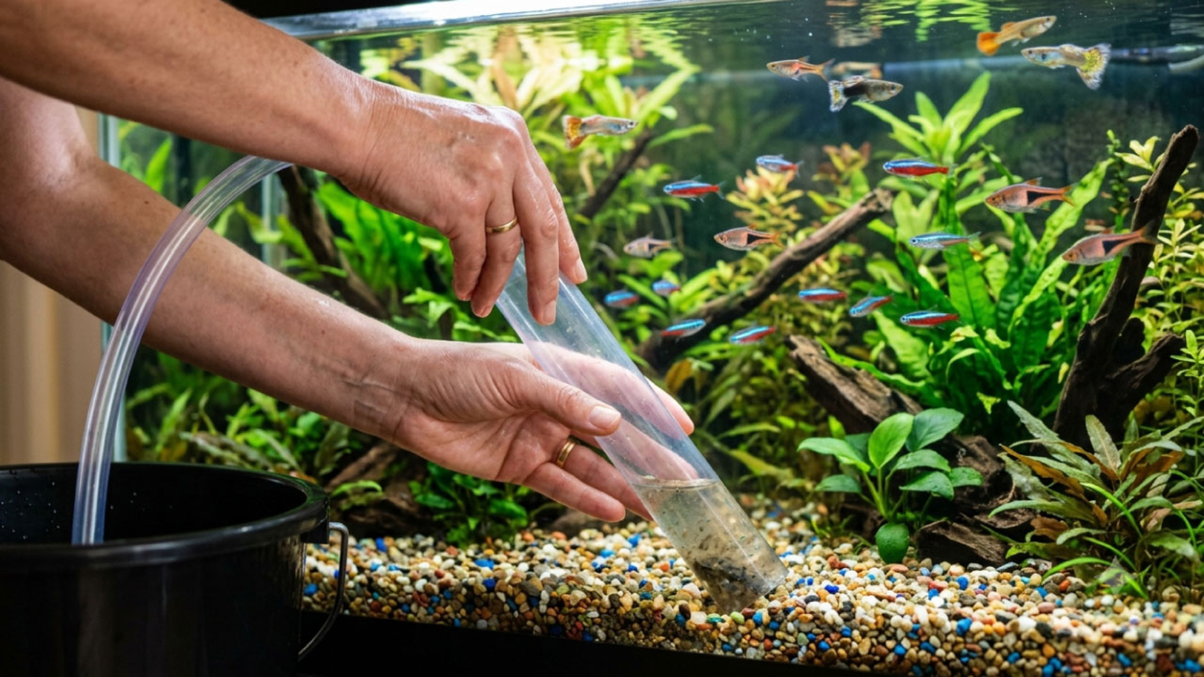 Persona limpiando un acuario con sifón paso a paso, peces tropicales al fondo