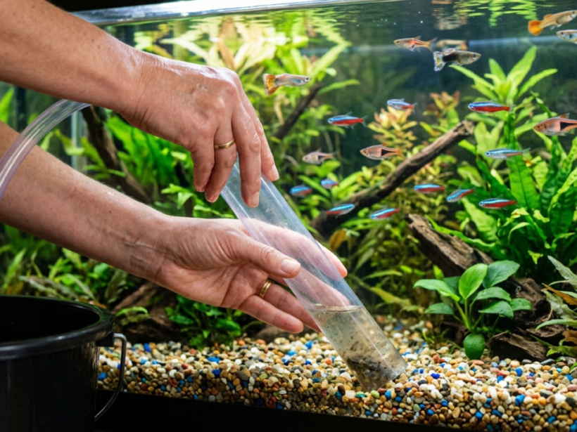 Persona limpiando un acuario con sifón paso a paso, peces tropicales al fondo