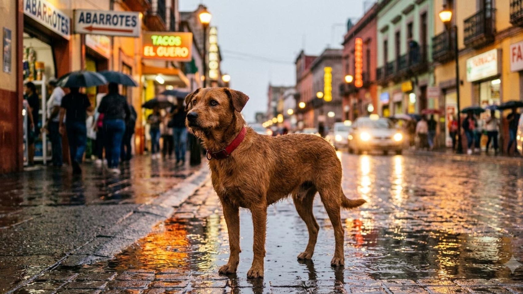 Perro en calle mojada durante la temporada de lluvias, riesgo de leptospirosis
