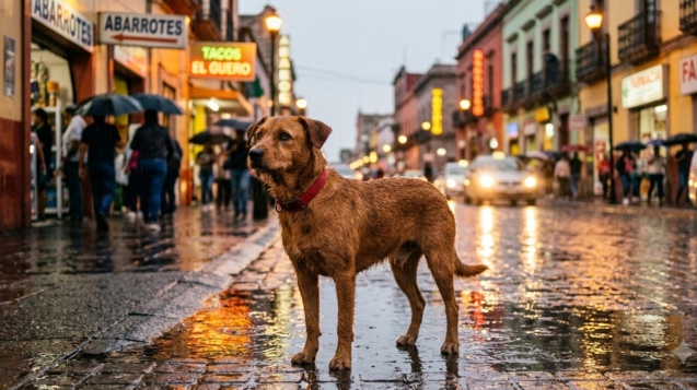 Perro en calle mojada durante la temporada de lluvias, riesgo de leptospirosis