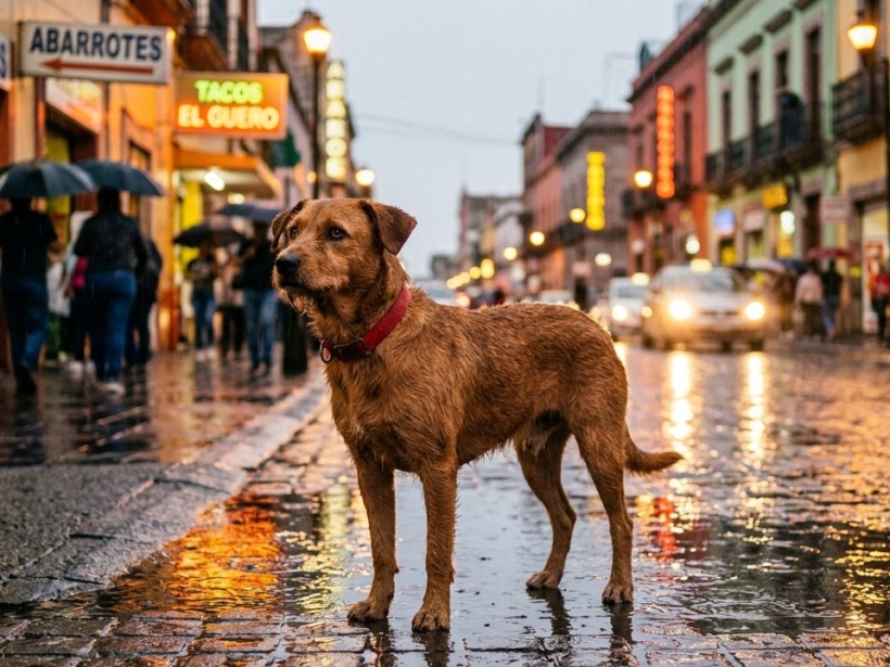 Perro en calle mojada durante la temporada de lluvias, riesgo de leptospirosis