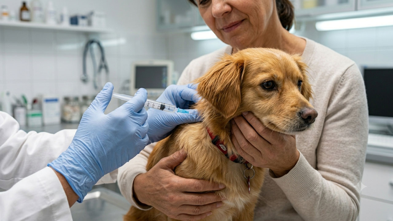 Aplicación de vacuna leptospirosis en perro en clínica veterinaria