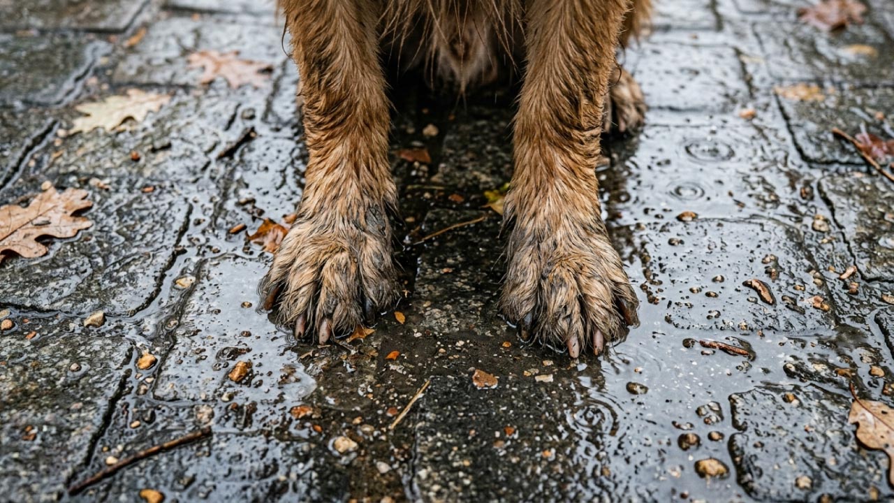 Patas de perro mojadas en charco, riesgo de contagio de leptospirosis en perros
