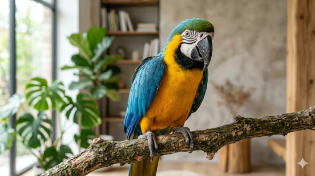 Cuidados del loro y guacamaya en un hogar moderno.