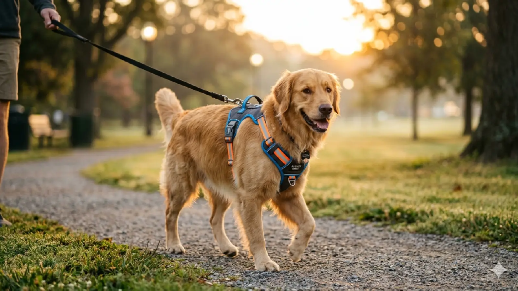 Mejor arnés para perros en 2026 usado por un Golden Retriever durante un paseo.