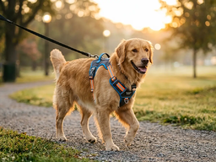 Mejor arnés para perros en 2026 usado por un Golden Retriever durante un paseo.