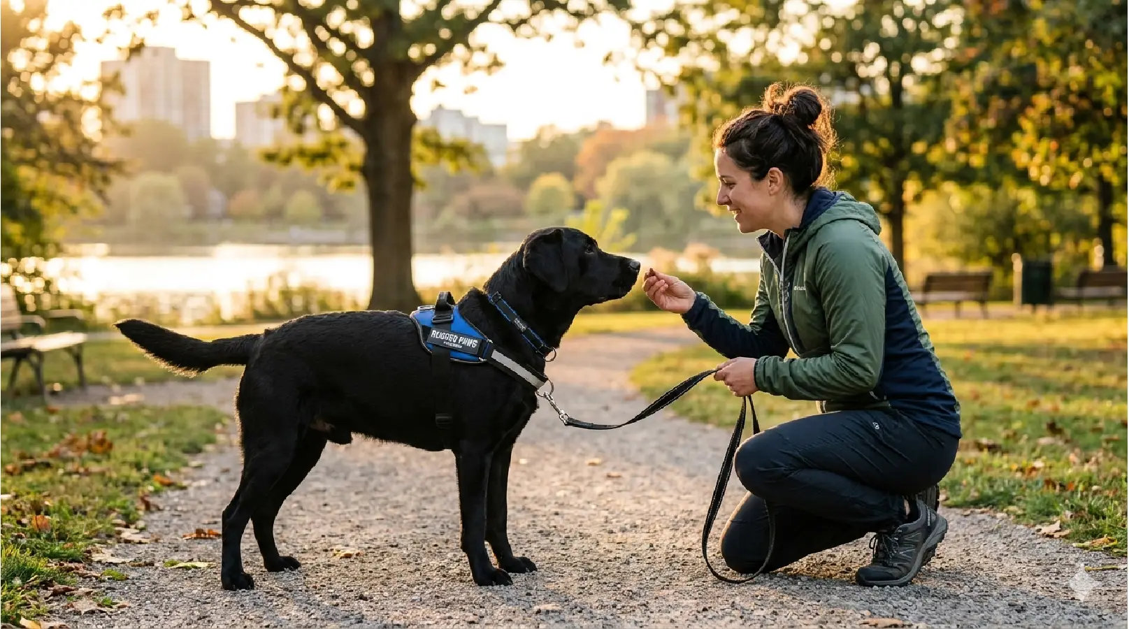 Arnés antijale para perros durante un entrenamiento de obediencia.