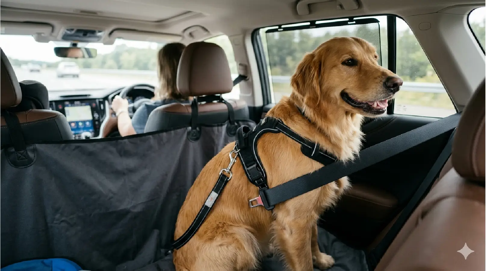 Arnés de seguridad para perros durante un viaje en coche.