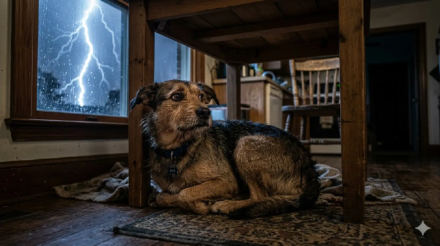 Perro con miedo a los truenos escondido debajo de una mesa durante una tormenta.