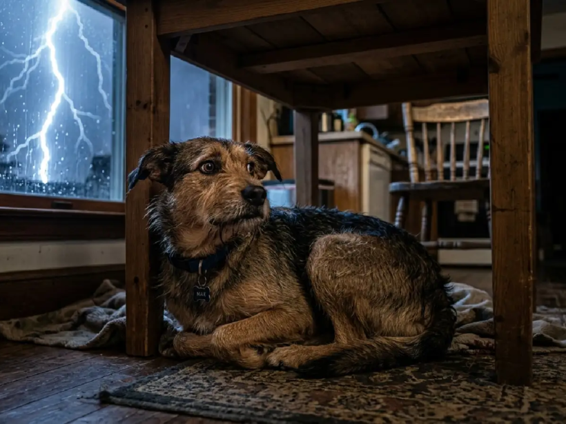 Perro con miedo a los truenos escondido debajo de una mesa durante una tormenta.