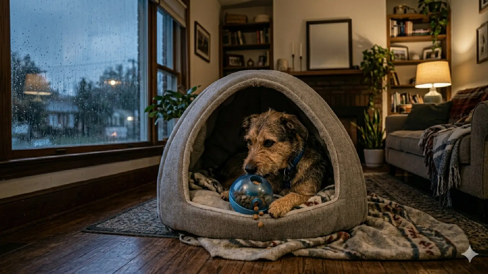 Juguetes interactivos para reducir la ansiedad de un perro con miedo a los truenos.